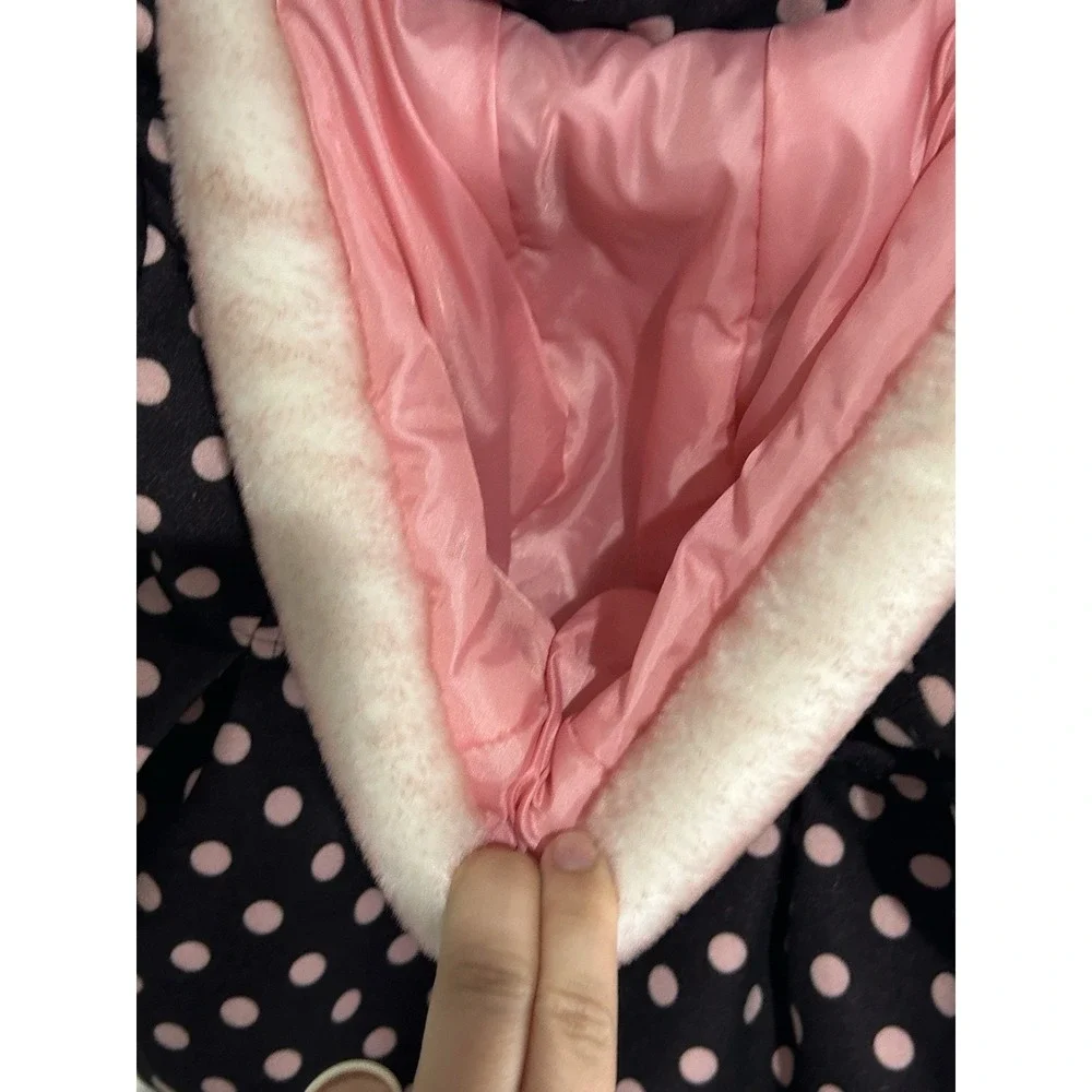 OshKosh 4T GIRLS‎ Brown Pink Pea Coat Polka Dot Winter Jacket Hood Faux Fur